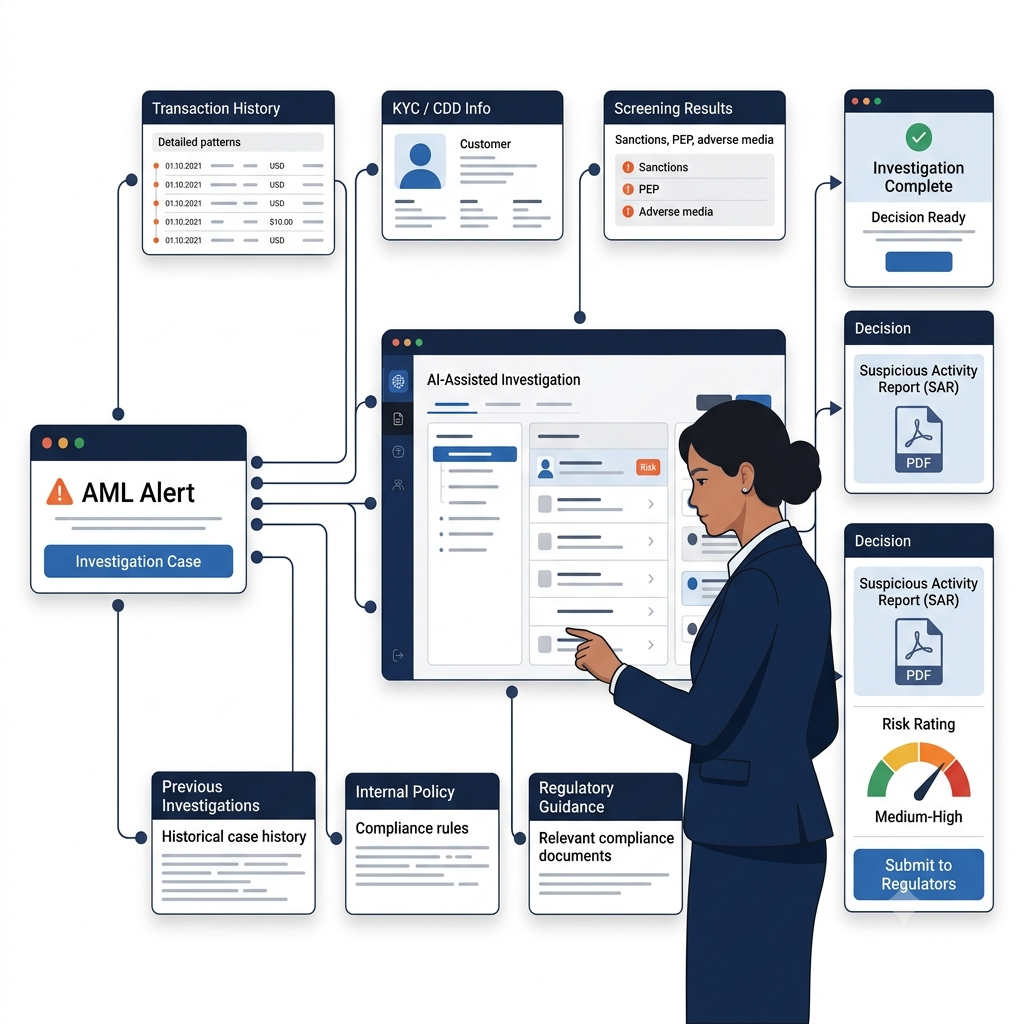 AI-powered AML investigation workflow showing transaction history, KYC/CDD, screening results, internal policy and regulatory guidance