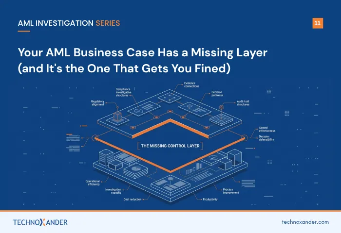 AML business case diagram showing a missing control layer connecting compliance, evidence, decision pathways and operational outcomes