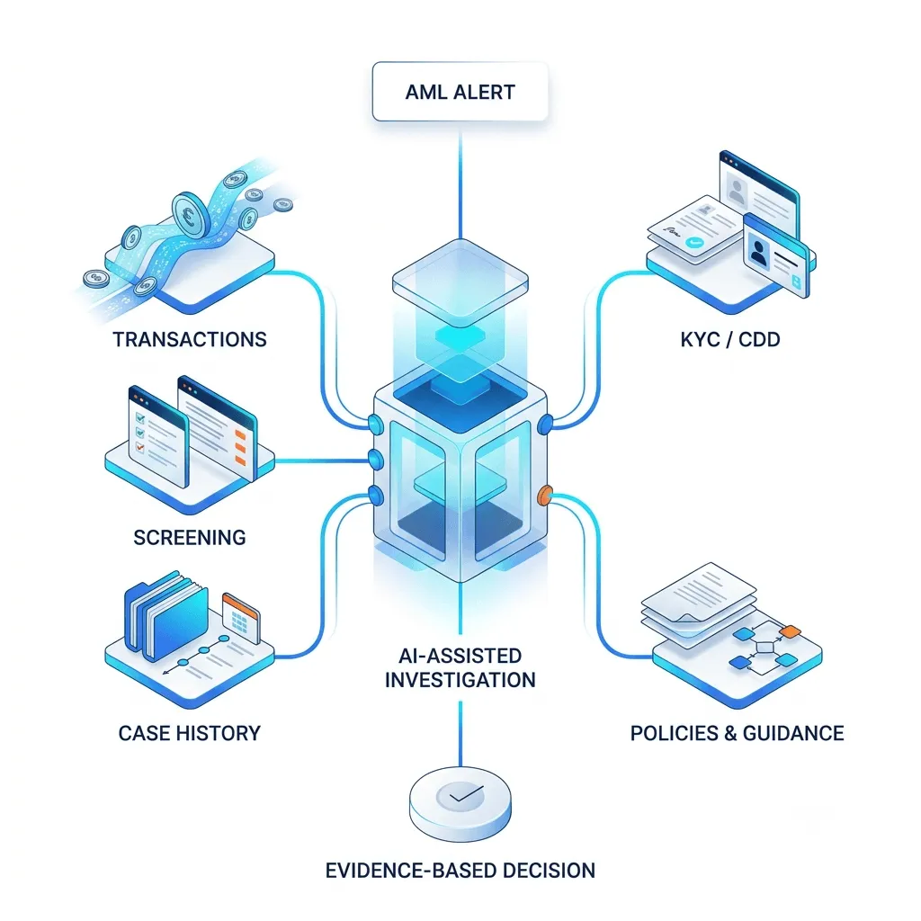 AML investigation platform connecting alerts, KYC, screening, case history and policies