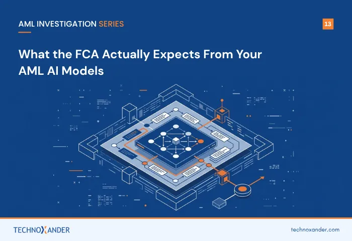 Illustration of an AML AI model showing interconnected data, evidence and risk analysis in an FCA compliance framework