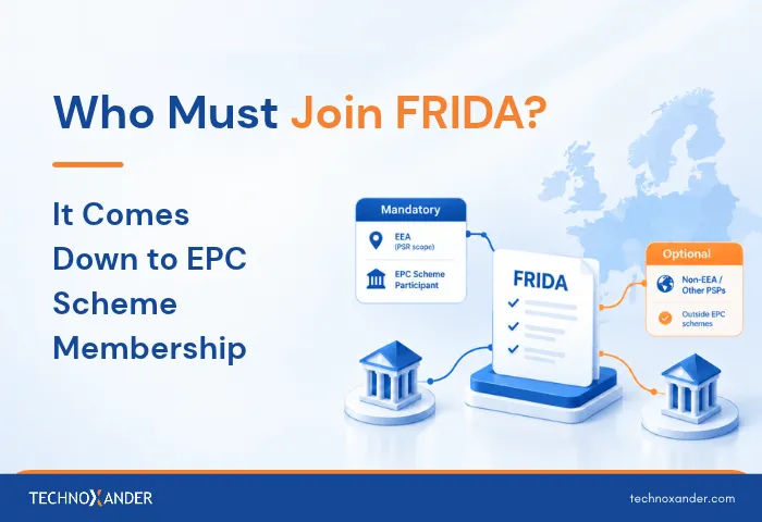 TechnoXander FRIDA membership diagram distinguishing mandatory participants from optional non-EEA payment service providers and participants outside EPC schemes.
